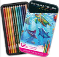 Prismacolor Premier Under the Sea Set, 12 colored pencils in a black metal tin with a colorful illustrated cover showing sea life.