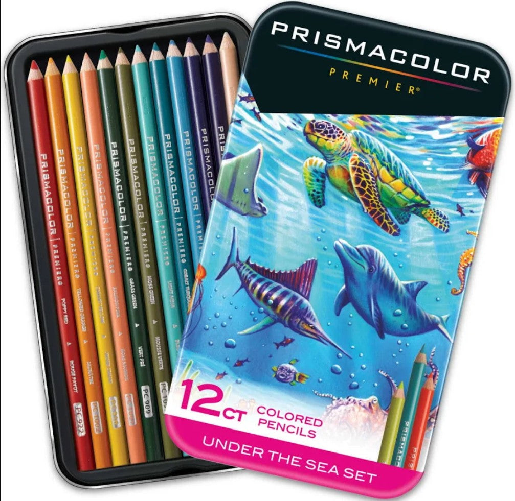 Prismacolor Premier Under the Sea Set, 12 colored pencils in a black metal tin with a colorful illustrated cover showing sea life.