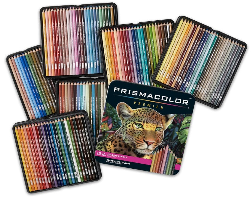 Prismacolor Premier 128-color drawing pencils arranged in multiple trays around a central tin box featuring a leopard illustration, on a white background.