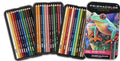 A set of 36 Prismacolor Premier colored pencils arranged in three trays next to their original packaging box featuring a colorful tree frog illustration.