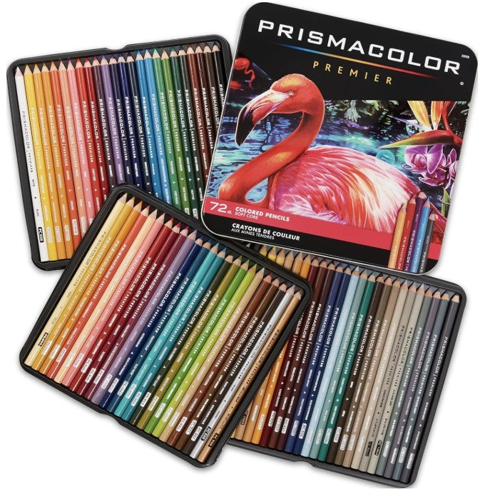 Prismacolor Premier 72-color pencil set in a black metal tin, shown with several trays of colored pencils arranged in front of the lid on a white background.